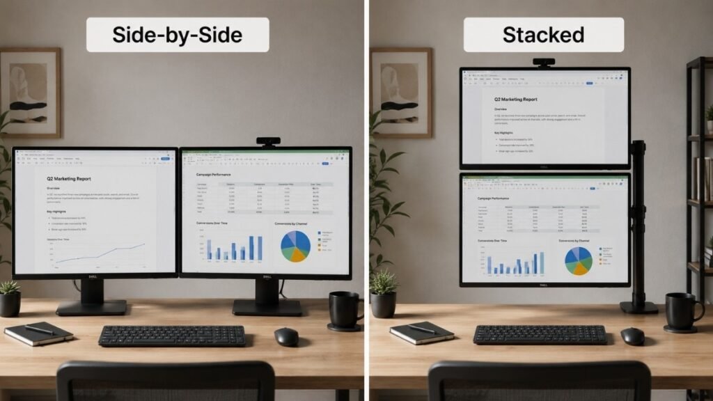 Split comparison showing dual monitor side-by-side layout on the left versus stacked vertical monitor arrangement on the right