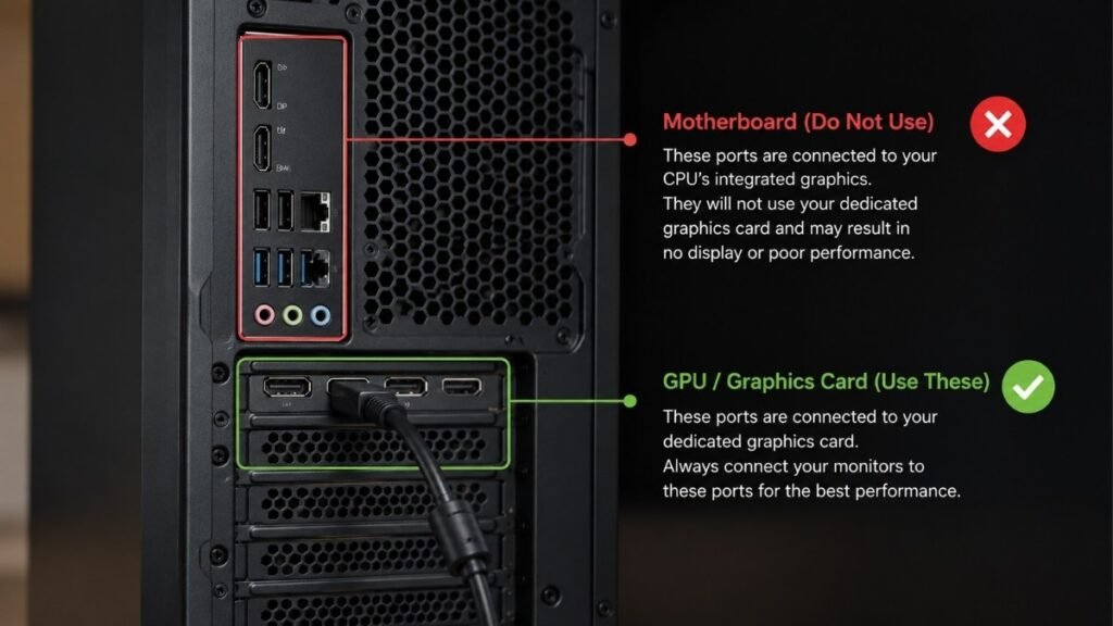 Back of a desktop computer showing the difference between GPU ports and motherboard ports with correct monitor connection highlighted