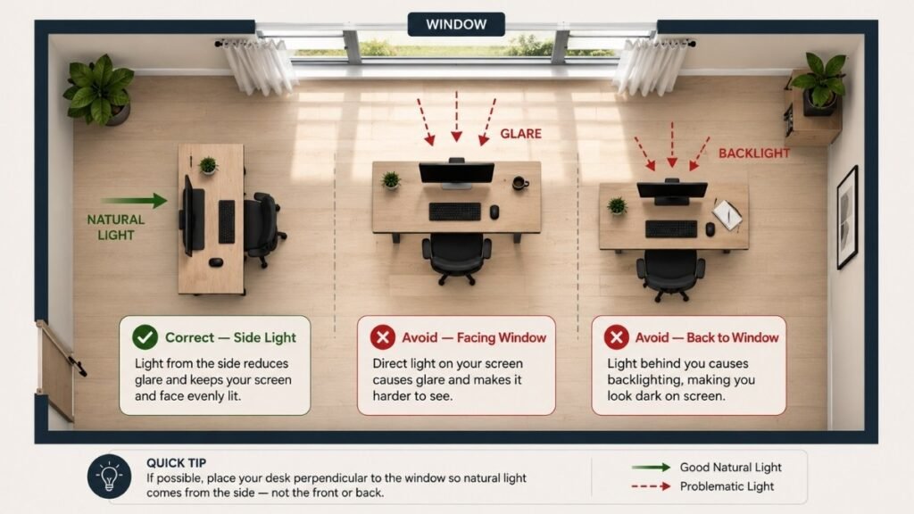 Top-down floor plan showing correct desk placement perpendicular to window with natural light coming from the side versus incorrect placement facing or backing the window