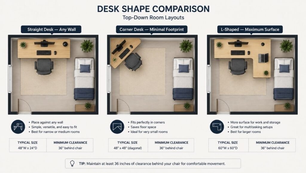 Three home office desk shape options shown from above — straight desk, corner desk, and L-shaped desk with their room footprints compared