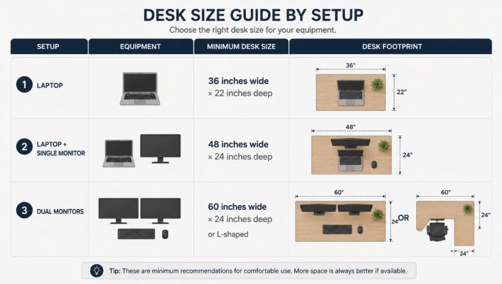 Infographic showing minimum desk size requirements for laptop only versus single monitor versus dual monitor home office setups