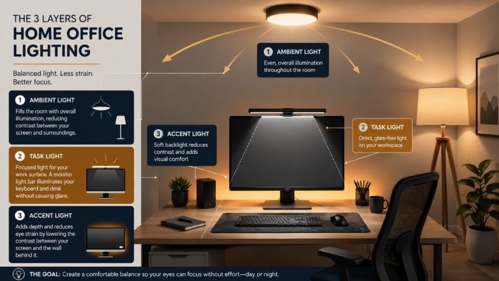 Diagram showing three layers of home office lighting — ambient lighting from ceiling, task lighting from monitor bar, and accent bias lighting behind monitor