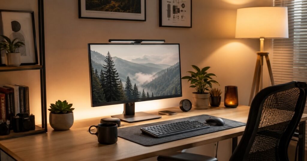 A well-lit home office desk setup showing layered lighting with monitor light bar, desk lamp, and warm ambient lighting creating a comfortable work environment