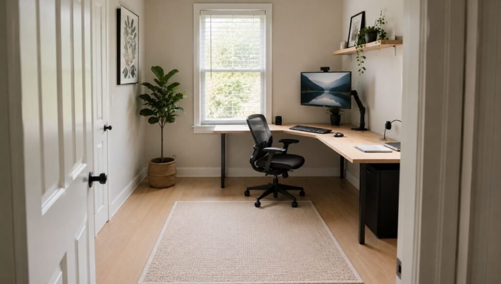 A compact L-shaped desk fitted into the corner of a small home office room maximizing surface area while keeping the center of the room open