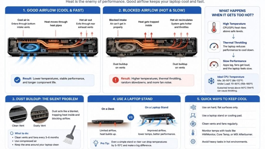 Diagram showing how airflow and cooling affect laptop performance.