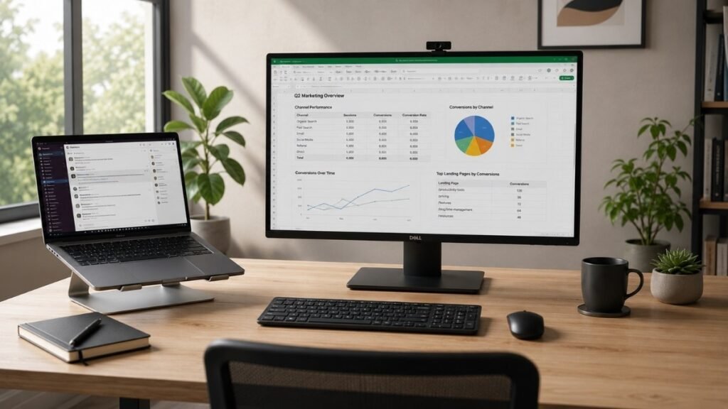 A laptop on a stand used as a secondary screen alongside a larger external monitor on a home office desk showing hybrid dual monitor setup