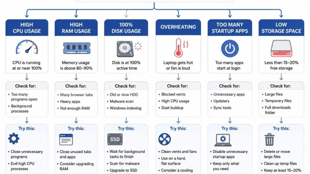 Flowchart for diagnosing the most common causes of a slow laptop.