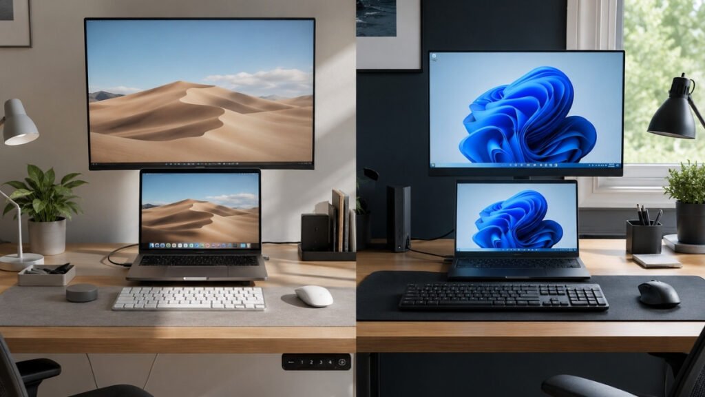 Mac and Windows home office desk setup comparison