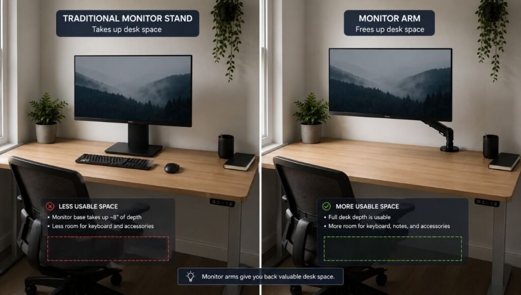 Split comparison showing a small desk with monitor on a stand taking up surface space on the left versus the same desk with monitor arm freeing the surface on the right