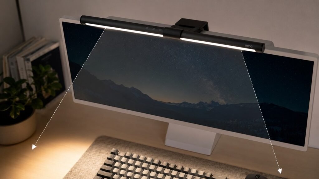 Close-up of a monitor light bar clipped to the top of a monitor showing the asymmetric lens projecting light downward onto the keyboard without creating screen glare
