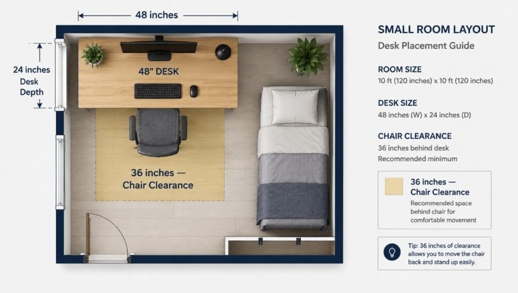 Top-down floor plan diagram showing how to measure desk space with 36-inch chair clearance zone marked behind the desk position