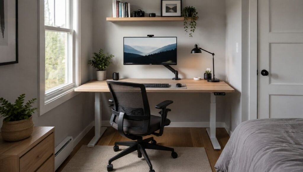 A compact small home office desk setup in a small bedroom corner with monitor, keyboard, and mouse fitting neatly in a limited space