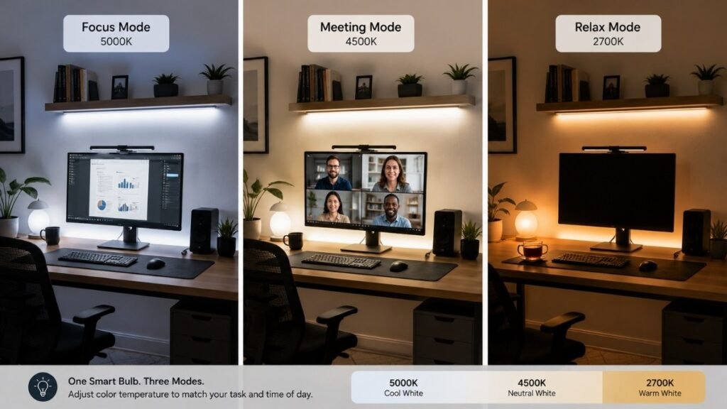 Three home office lighting scenes shown side by side — cool bright Focus Mode during work hours, neutral Meeting Mode for video calls, and warm dim Relax Mode after work