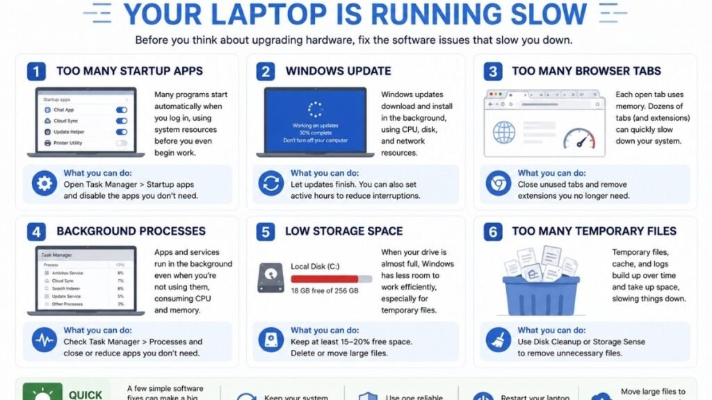 Infographic showing common software issues that can slow down a laptop.