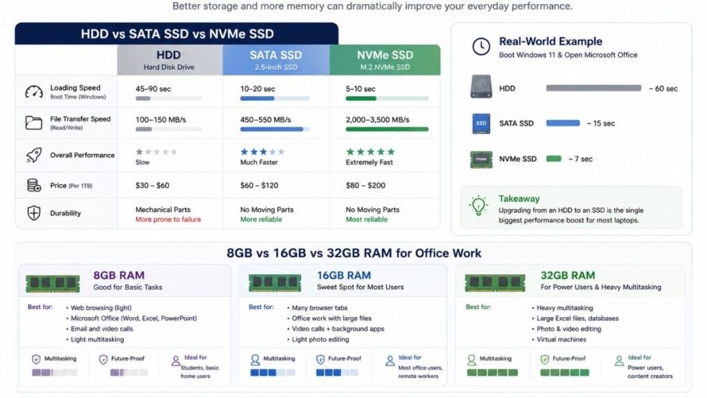 Comparison of SSD, HDD and RAM configurations for faster office performance.