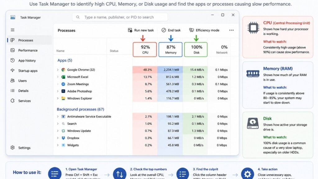 Illustration showing how to use Task Manager to identify laptop performance issues.