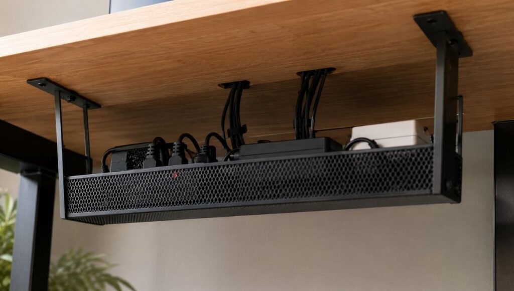 Under-desk cable management tray mounted to the underside of a home office desk holding a power strip and cable adapters completely out of sight