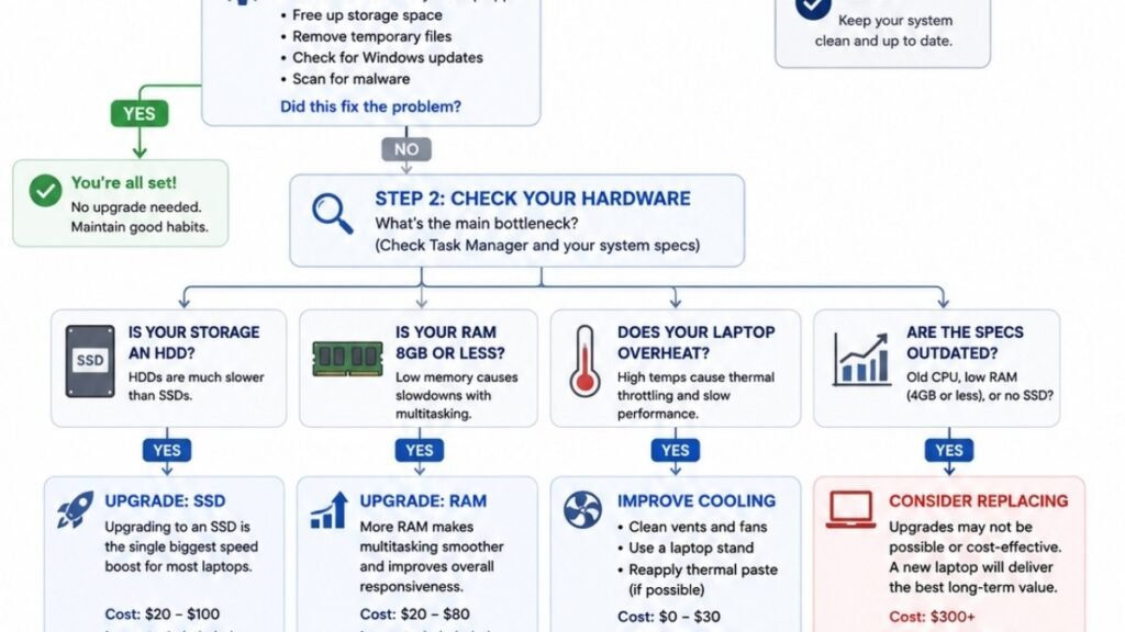 Decision tree for deciding whether to upgrade or replace a slow laptop.