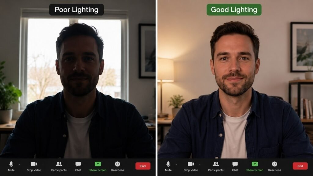 Split comparison showing poor video call lighting with silhouette effect from window behind versus good front lighting showing clear professional face on camera