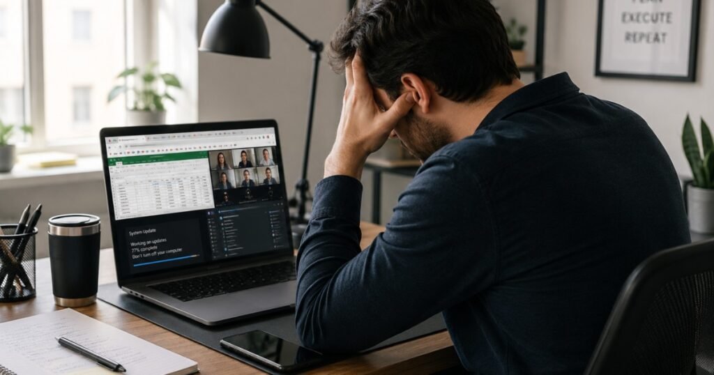 Professional working on a slow laptop in a modern home office.