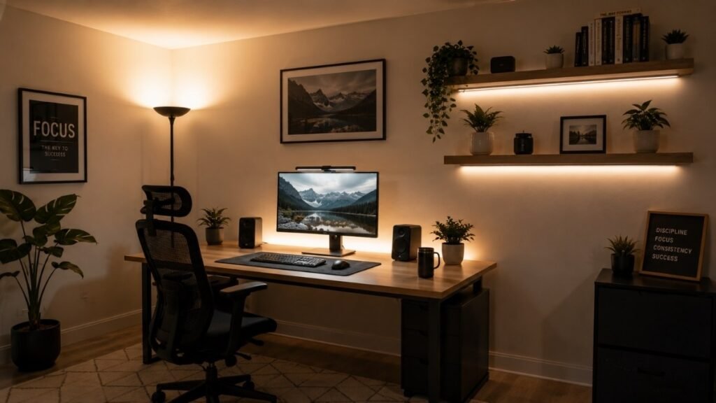 A windowless home office setup showing upward-facing floor lamp in corner, LED strips along shelves, and monitor bias lighting creating a bright comfortable workspace without natural light