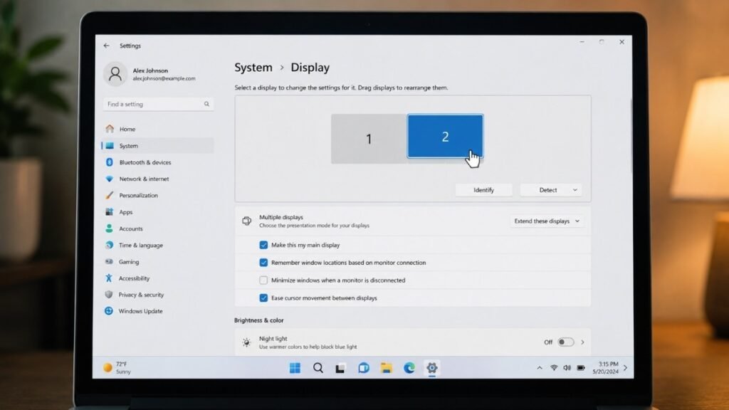 Windows 11 display settings screen showing two monitor icons being arranged to match physical desk layout for dual monitor setup